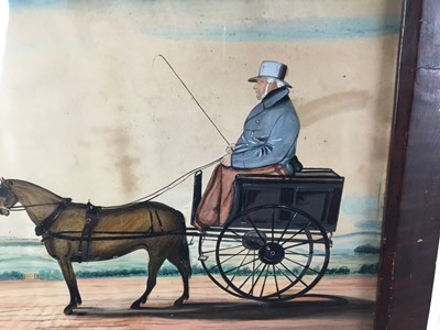 Lot 93 - Naïve School, 19th century watercolour - a gentleman in a pony and trap, 47cm x 59cm, in glazed frame