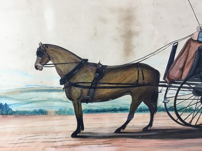 Lot 93 - Naïve School, 19th century watercolour - a gentleman in a pony and trap, 47cm x 59cm, in glazed frame