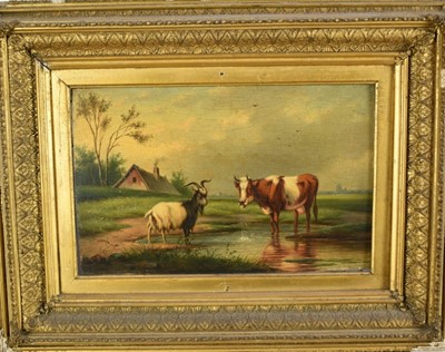 Lot 1191 - English School, 19th century, pair of oils on panel - Livestock in Landscapes, 20cm x 32cm, in gilt frames