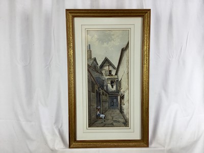 Lot 84 - David Skinner, late Victorian watercolour - 'Back of the Rose and Crown, Plymouth', signed, dated 1896 and inscribed, 45cm x 19cm, in glazed gilt frame