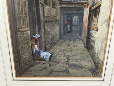 Lot 84 - David Skinner, late Victorian watercolour - 'Back of the Rose and Crown, Plymouth', signed, dated 1896 and inscribed, 45cm x 19cm, in glazed gilt frame