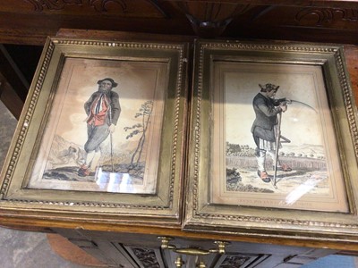 Lot 535 - Pair of antique French coloured engravings of rustic scenes, trade label to reverse