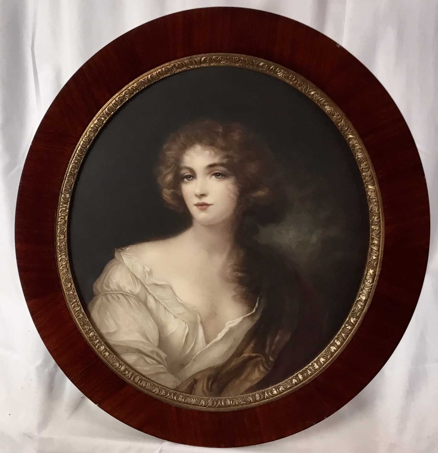 Lot 73 - Antique coloured engraving of Nell Gwynne, 37cm x 40cm, in mahogany frame with gilt slip