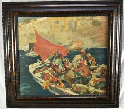 Lot 1218 - After Sir Frank Brangwyn (1867-1956), a Medici coloured print, 'The Buccaneers', in faux tortoiseshell frame, 79cm x 86cm overall