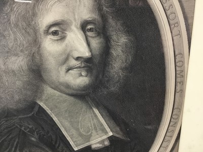 Lot 176 - Antique black and white engraving - ‘Henri Pussort, born from royalty,’ by Michael Manel of Paris, published 1675, 53cm x 44cm, in later Hogarth frame