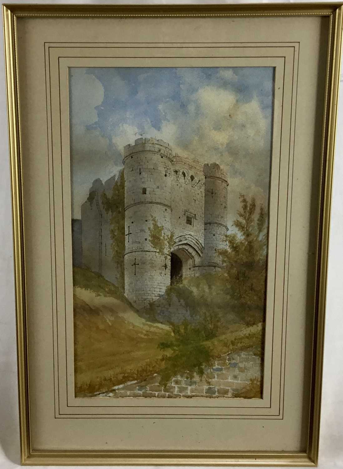 Lot 133 - Two watercolours of castles - the first 35cm x 20cm, signed Sugden 187?, the second 25cm x 35cm with monogram, both mounted in glazed frames