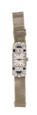 Lot 614 - Art Deco diamond and sapphire cocktail watch with platinum and gold case on 18ct white gold bracelet