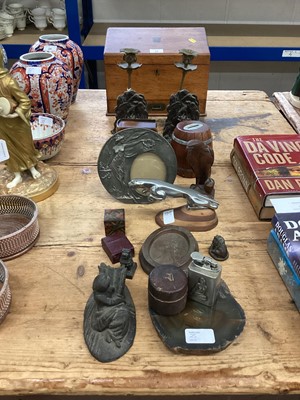 Lot 25 - Various works of art including Jaguar car mascot, pair of bookends, pair of candlesticks, cards box, wooden carving two netsuke