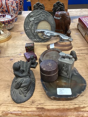 Lot 25 - Various works of art including Jaguar car mascot, pair of bookends, pair of candlesticks, cards box, wooden carving two netsuke