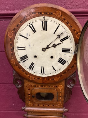 Lot 14 - Victorian inlaid drop dial wall clock together with two mahogany mantel clocks