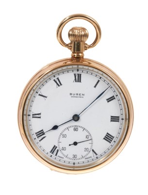 Lot 582 - 1950s Gentlemen's Buren 9ct gold open face pocket watch with white enamel dial, Roman numerial hour markers, subsidary second dial