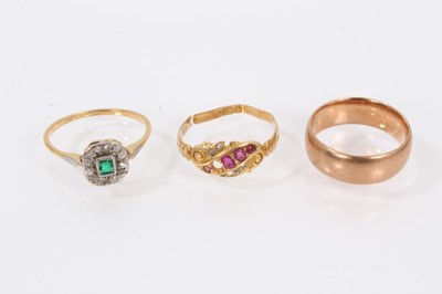 Lot 459 - Early 20th century emerald and diamond cluster ring on 18ct yellow gold shank, Edwardian 18ct gold ruby and diamond ring, synthetic Alexandrite single stone ring and pendant in gold mounts, 9ct gol...
