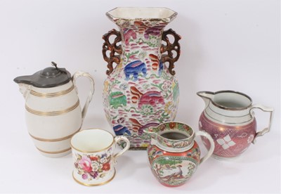 Lot 47 - Five pieces of 19th century English pottery, including a Mason's style twin-handled chinoiserie vase, 32cm high, a pink lustre jug, a pearlware jug decorated with birds, a Burton barrel-shaped jug...