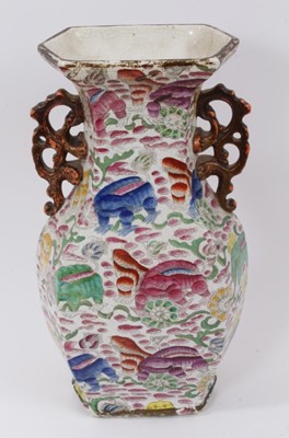 Lot 47 - Five pieces of 19th century English pottery, including a Mason's style twin-handled chinoiserie vase, 32cm high, a pink lustre jug, a pearlware jug decorated with birds, a Burton barrel-shaped jug...