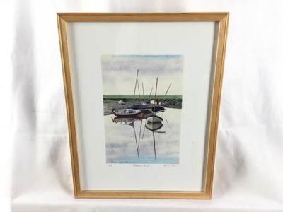 Lot 7 - Roger Curtis (Contemporary) oil on board - boats in a harbour together with a signed colour etching of Blakeney Creek by David Green (2)
