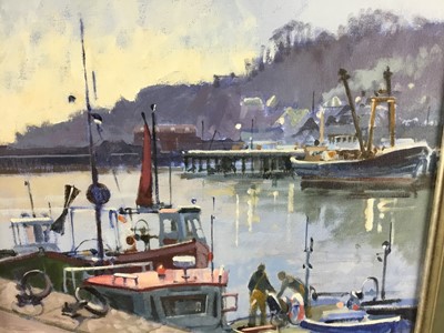 Lot 7 - Roger Curtis (Contemporary) oil on board - boats in a harbour together with a signed colour etching of Blakeney Creek by David Green (2)
