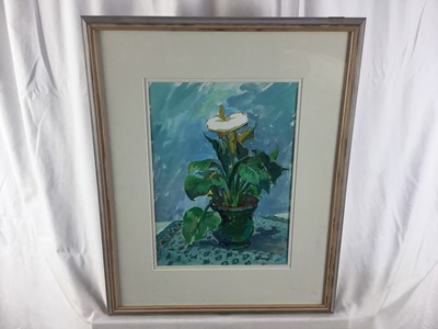 Lot 8 - David Wood gouache - still life of a peace lily, signed, 24cm x 34cm mounted in glazed frame (44cm x 54cm overall)