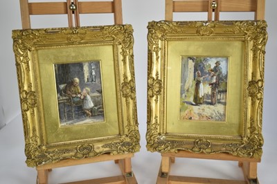 Lot 1189 - Thomas Webster (1800-1886) pair of watercolours - 'Curiosity' and 'Welcome', titled, monogrammed and dated '74 and '76, 17cm x 12cm, in original gilt frames