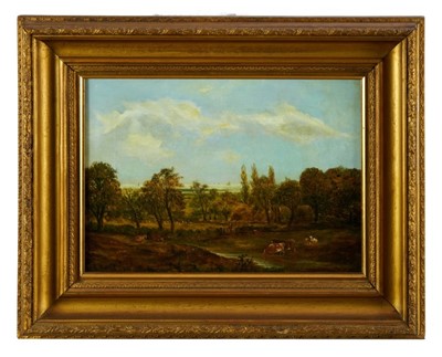 Lot 1206 - Attributed to John Moore of Ipswich (1820-1902) oil on canvas - cattle in a landscape, bearing signature and date 1885, 25.5cm x 35.5cm in gilt frame