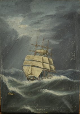 Lot 195 - Pun Woo, early 20th century, oil on canvas - Durmburton in rough seas, signed and inscribed, 29.5cm x 21cm, unframed