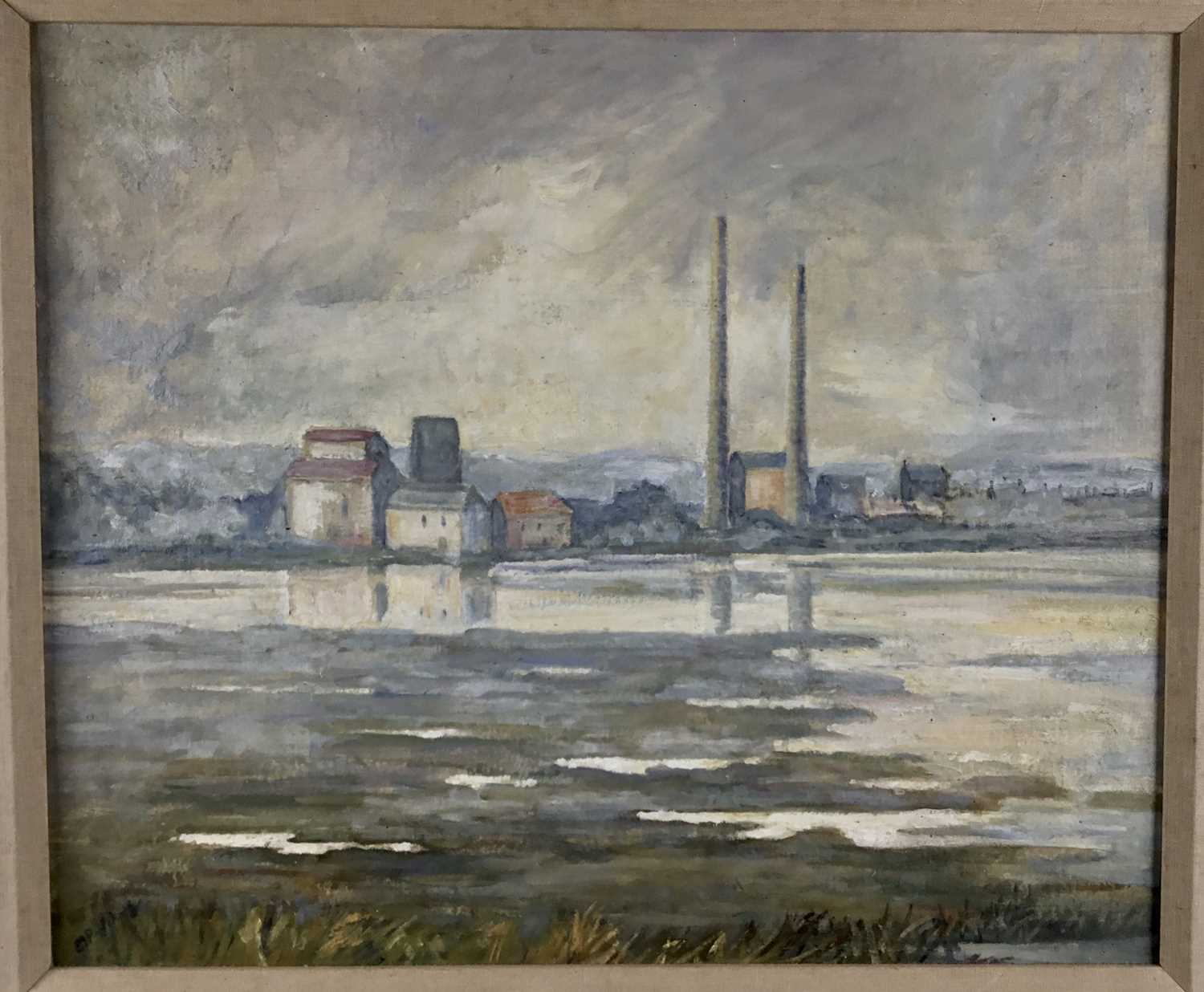 Lot 36 - Emilie Gladys Pritchard (1894-1989) oil on board - ' The Stour at Manningtree' 59cm x 49cm, in mount without frame, Colchester Arts Society Exhibition label verso