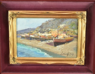 Lot 1093 - Vincenzo Laricchia (b. 1940) oil on canvas, coastal scene, signed, 19cm x 29cm, in glazed frame