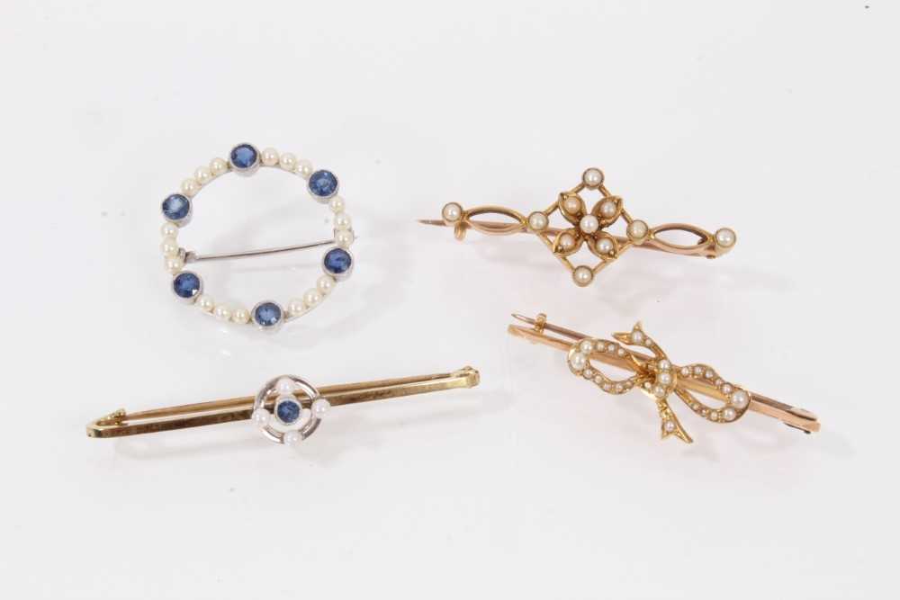 Lot 457 - Four Victorian and Edwardian gold gem set and seed pearl brooches