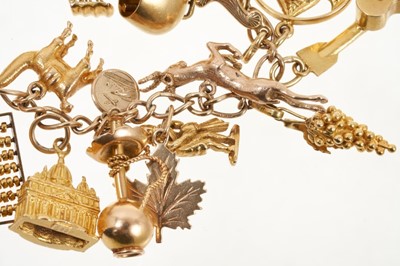 Lot 415 - 9ct gold charm bracelet with a collection of twenty-six various carat gold and yellow metal charms