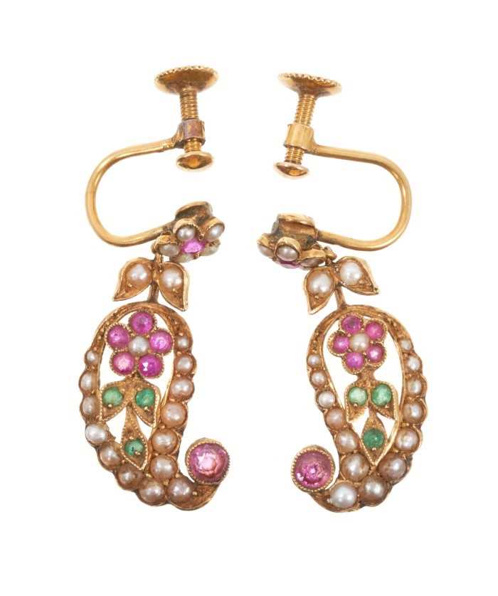Lot 419 - Pair of antique 18ct gold ruby, emerald and seed pearl paisley shaped pendant earrings