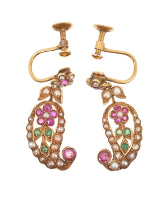 Lot 419 - Pair of antique 18ct gold ruby, emerald and seed pearl paisley shaped pendant earrings