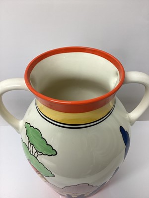 Lot 10 - Wedgwood limited edition two handled Lotus jug decorated in the Orange Roof Cottage pattern, based upon an original by Clarice Cliff, no. 13 of 250, 31cm high, boxed with certificate
