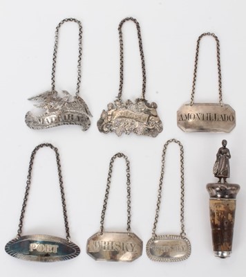 Lot 202 - Six silver wine labels and a white metal wine stopper