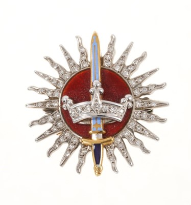 Lot 406 - Garrard 9ct white and yellow gold, enamel and diamond Knights Bachelor brooch 
Provenance: purchased by Sir Noel Murless (1910-1987)
