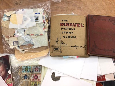 Lot 221 - Bag of stamps, a box of postcards and a bag of coins