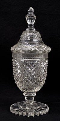 Lot 77 - A 19th century cut glass covered urn/bonbonniere, with diamond pattern and star-cut base, 33.5cm high