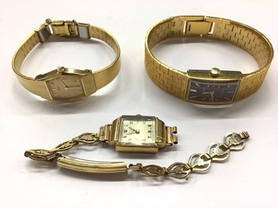 Lot 807 - 9ct gold cased wristwatch on plated bracelet and two other gold plated watches