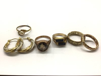 Lot 809 - Pair of 9ct white and yellow gold hoop earrings, four 9ct gold gem set rings and one other dress ring