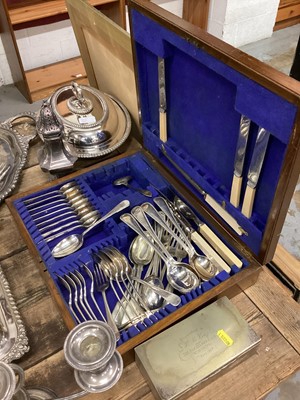 Lot 42 - Large quantity of silver plate including two handled tray, two entrée dishes, part canteen of cutlery etc