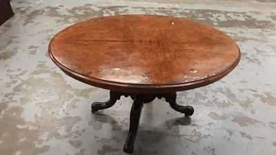 Lot 1006 - Victorian burr walnut oval tilt top loo table on turned column and four splayed legs, 120cm x 88cm