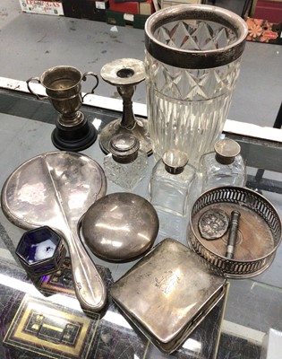 Lot 849 - Group of silver including trophy, one candlestick, wine coaster, mirror, cigarette case, salt, silver topped glass bottles and vase etc