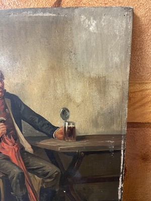 Lot 98 - J. Gerard, 19th century, oil on panel - a man seated at a table with a tankard, signed, 32cm x 26cm, unframed