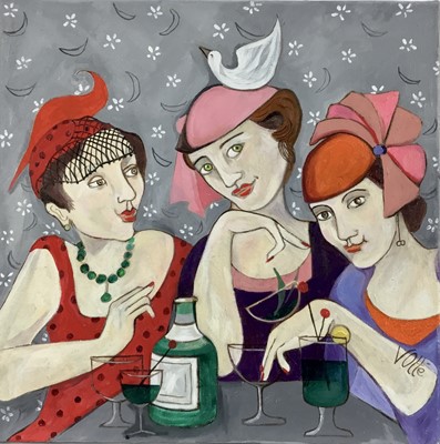 Lot 128 - Vicki Otte (Contemporary) oil on canvas, three women drinking cocktails, 46 x 46cm unframed