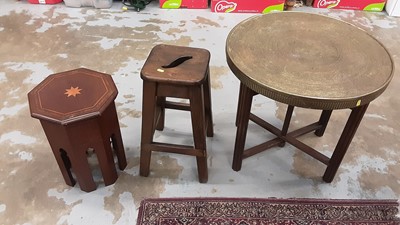 Lot 1019 - Old stool, inlaid occasional table with octagonal top and a folding table with circular brass top (3)