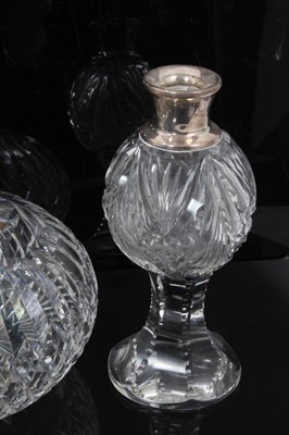 Lot 92 - A pair of Webb cut glass shaft and globe decanters, 31cm high, together with a pair of small silver mounted cut glass bottles (one stopper missing)
