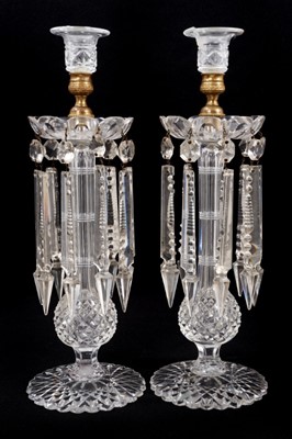 Lot 93 - A good pair of 19th century cut glass candlesticks, with prismatic lustre drops, 34.5cm high