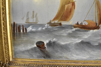 Lot 64 - English School, early 19th century, oil on canvas - shipping off the coast, indistinctly signed and inscribed verso, 25.5cm x 30.5cm, in gilt frame