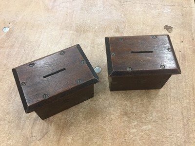 Lot 477 - Pair of old wooden money boxes, stamped E R