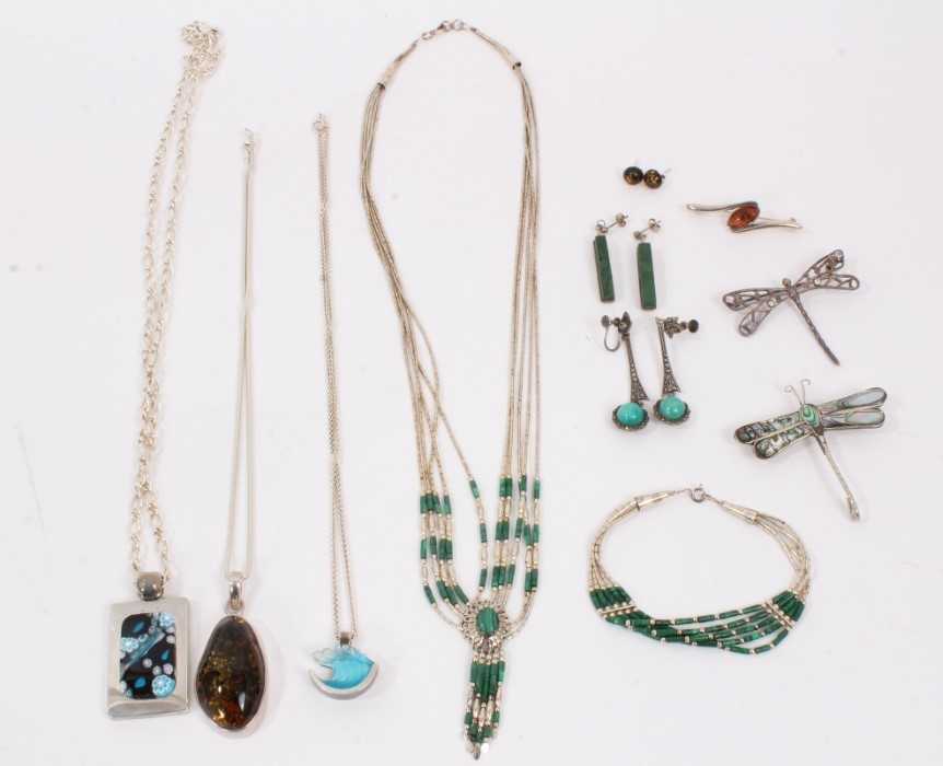 Lot 878 - Malachite and silver tassel pendant necklace and similar bracelet, pair of malachite earrings, silver mounted amber pendant, brooch and pair of earrings, two silver butterfly brooches and other sil...