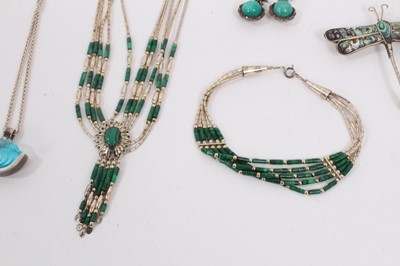 Lot 878 - Malachite and silver tassel pendant necklace and similar bracelet, pair of malachite earrings, silver mounted amber pendant, brooch and pair of earrings, two silver butterfly brooches and other sil...
