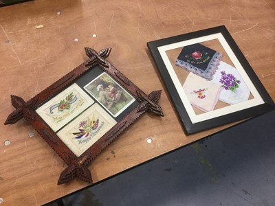 Lot 447 - First World War silk embroidered handkerchiefs in glazed frame and First World War postcards in trampwork frame (2)